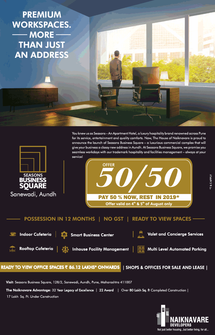 Pay 50% now and rest in 2019 at Naiknavare Seasons Business Square in Pune